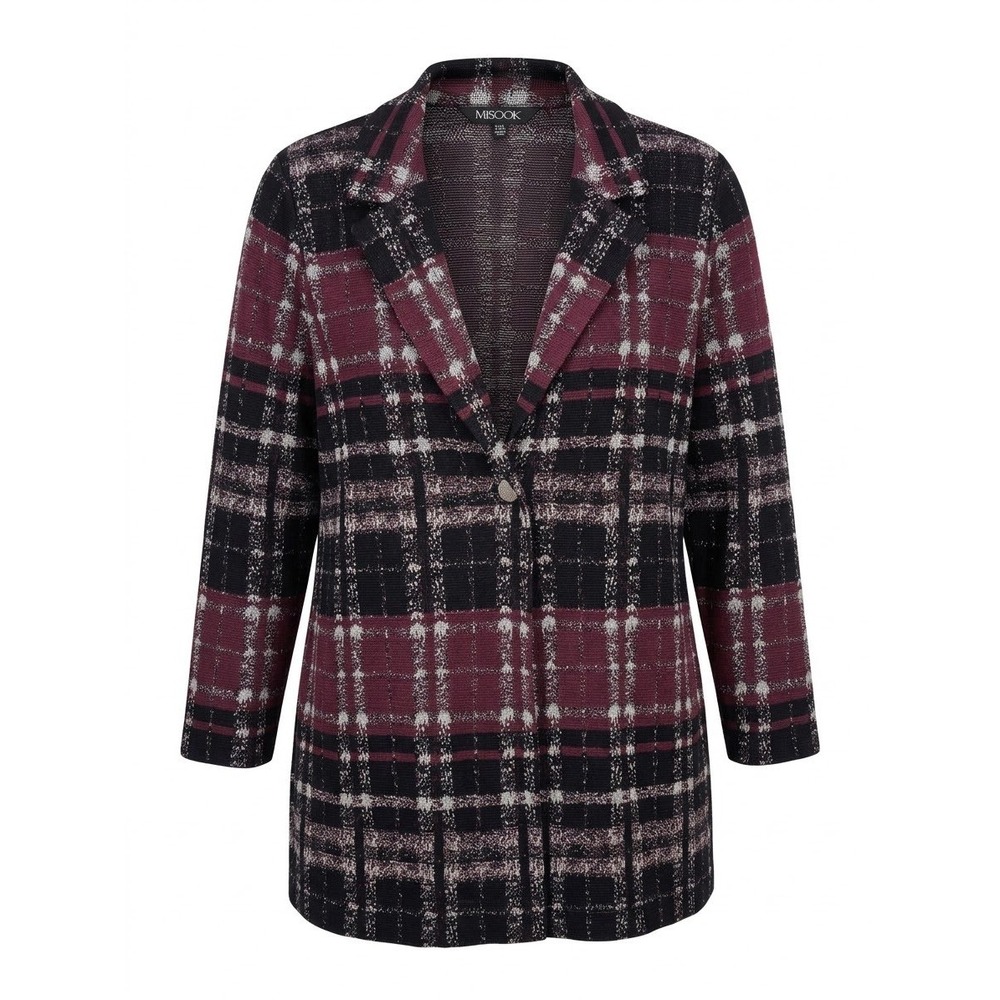 Misook Plaid Knit Blazer Cardigan Black Maroon Longline Sweater Jacket XXL